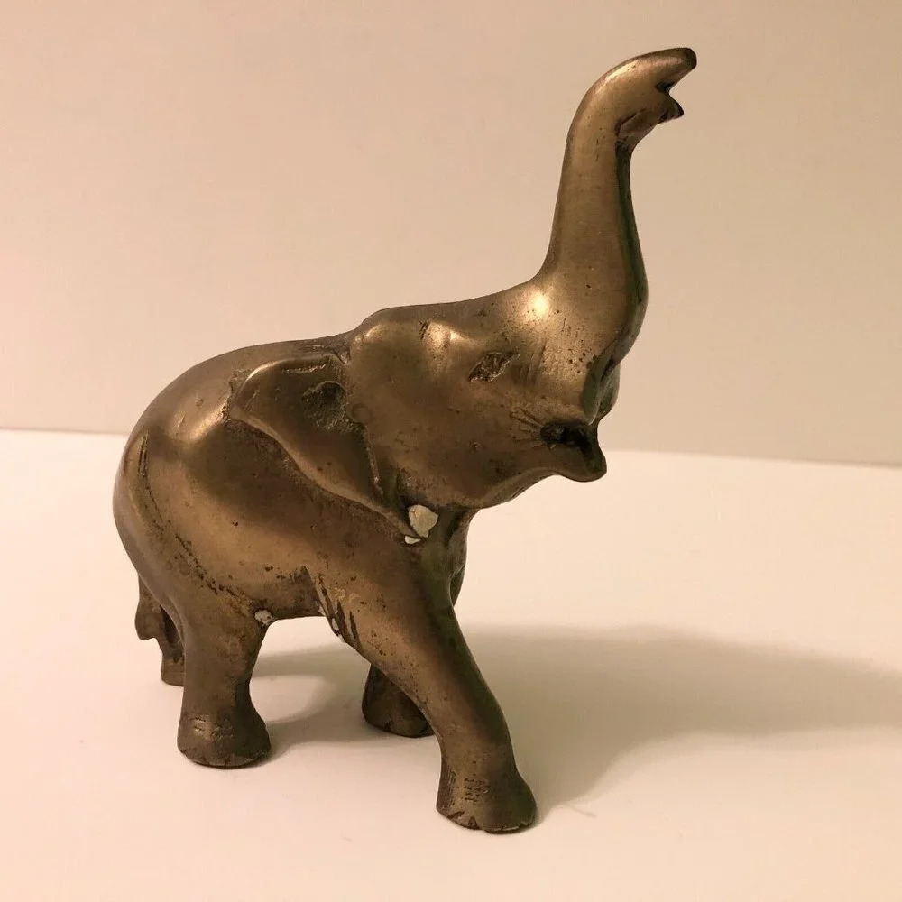 Vintage Brass Elephant Trunk Up Animal 4.75 Inch Tall Figurine Decor